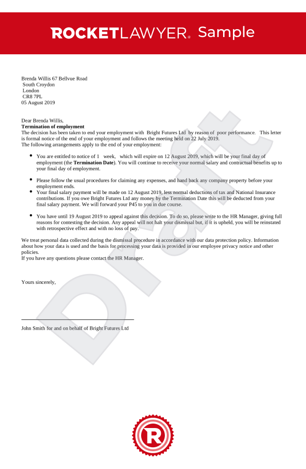 Termination Of Employment Letter UK Template